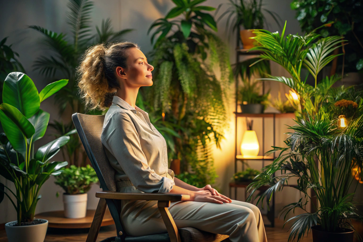 Una persona sentada en una silla con los ojos cerrados, respirando profundamente en una habitación con iluminación tenue y plantas verdes, mostrando un ambiente de calma previo al masaje