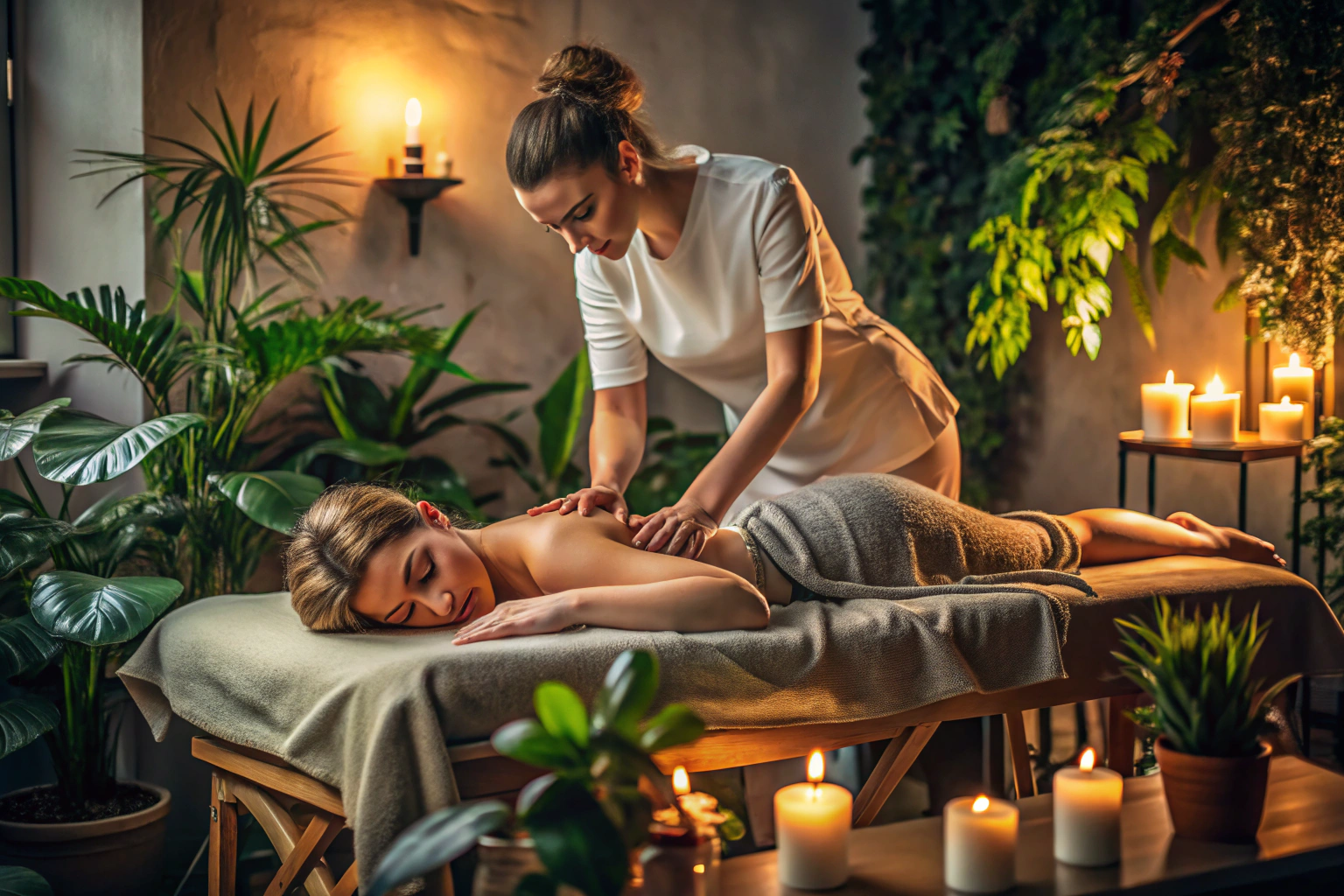 Una persona recostada boca abajo en una camilla de masaje, con las manos de un terapeuta aplicando movimientos suaves en la espalda, en una habitación con luz tenue y elementos naturales como plantas, sin marcas visibles